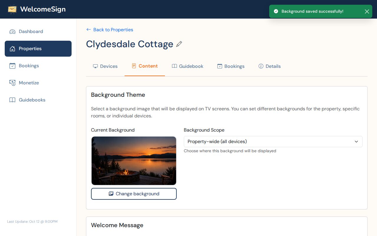 The Content tab after saving, with the new photo under Current Background, a Change background button and Background Scope set to Property-wide