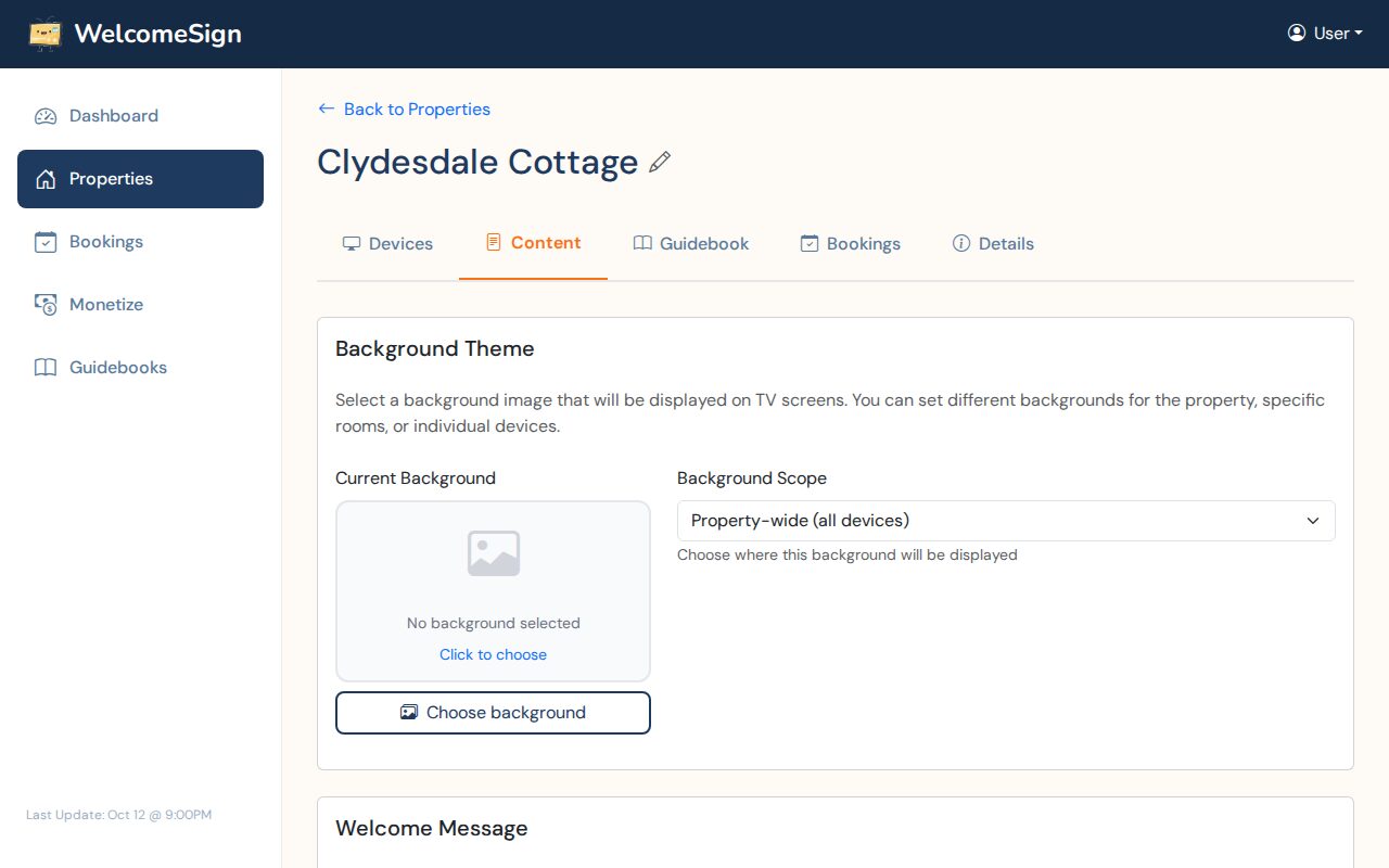 The Content tab for Clydesdale Cottage with the Background Theme section, an empty Current Background and a Choose background button