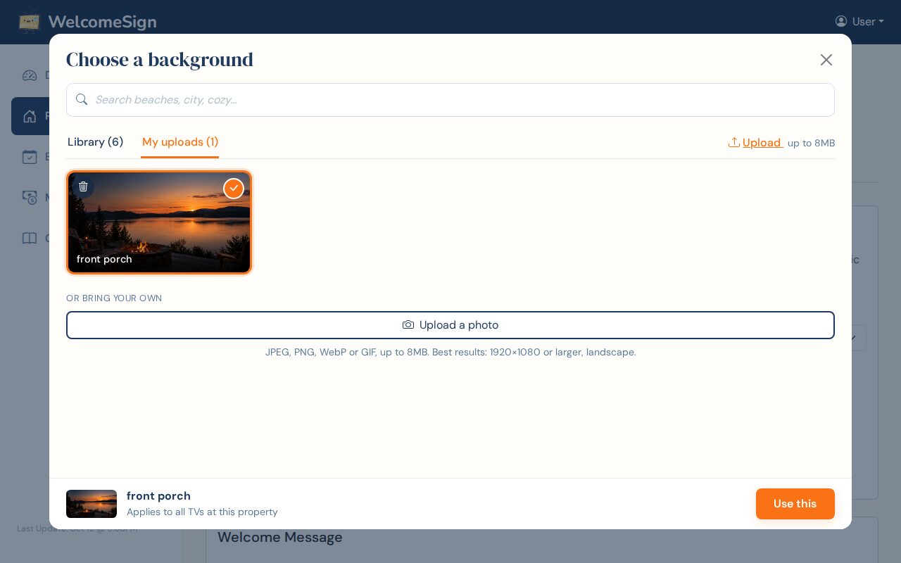 The My uploads tab with one uploaded photo called front porch selected, and the Upload a photo button with the accepted file types underneath