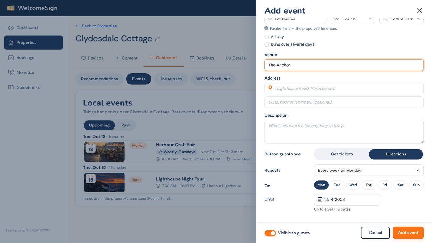 The Add event drawer with All day and Runs over several days checkboxes, Venue, Address, Description, the Get tickets or Directions choice, and Repeats set to Every week on Monday with an Until date