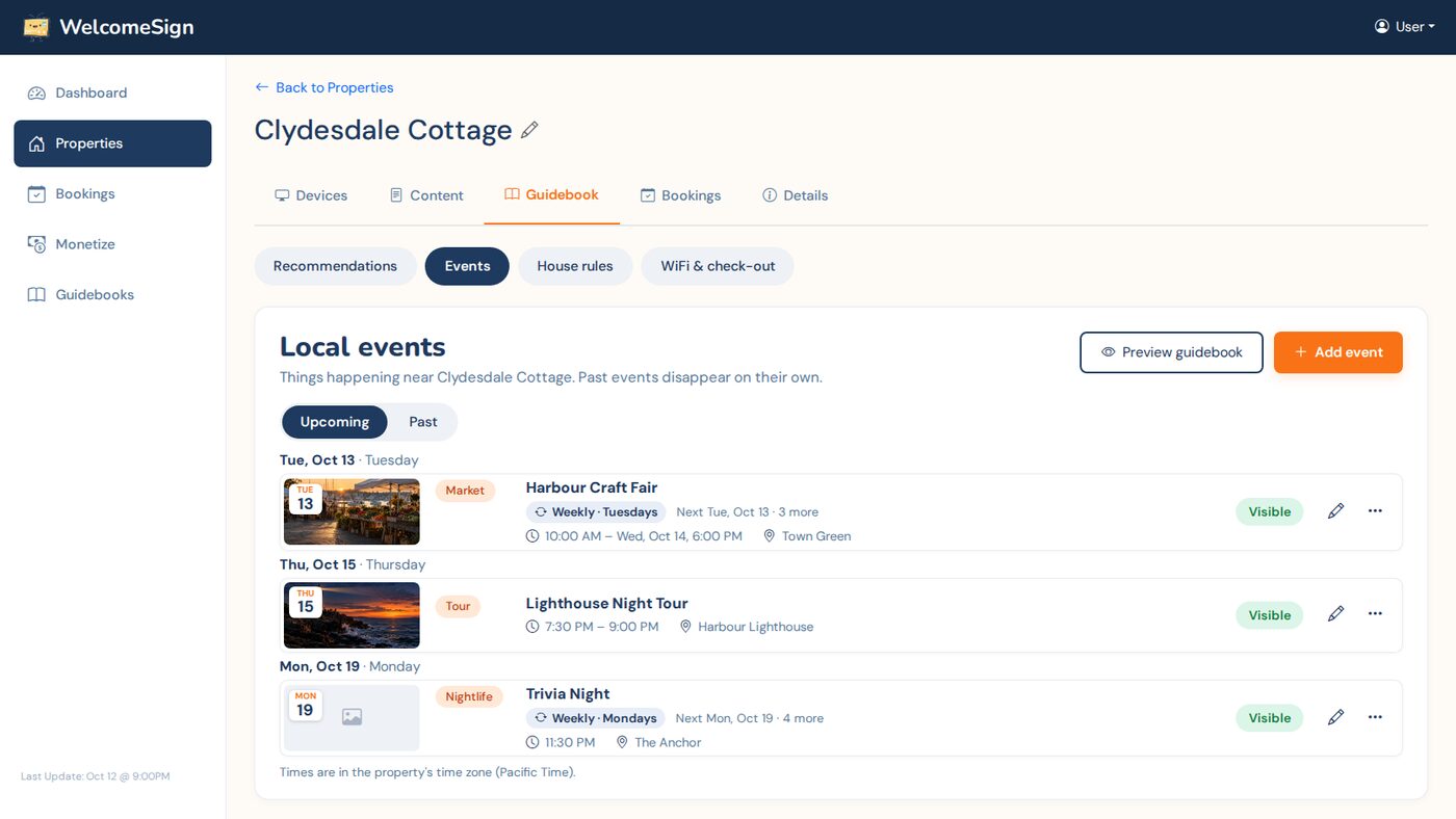 The Local events list with Upcoming and Past tabs, a weekly Harbour Craft Fair, a Lighthouse Night Tour, and a weekly Trivia Night
