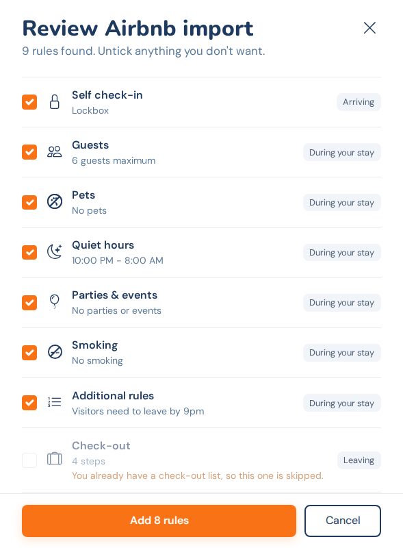 The Review Airbnb import drawer listing nine rules with their sections, and the check-out list unticked because the property already has one