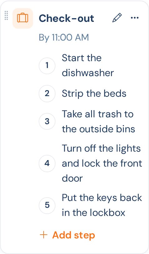 The Check-out card with five numbered steps, from Start the dishwasher to Put the keys back in the lockbox, and an Add step link