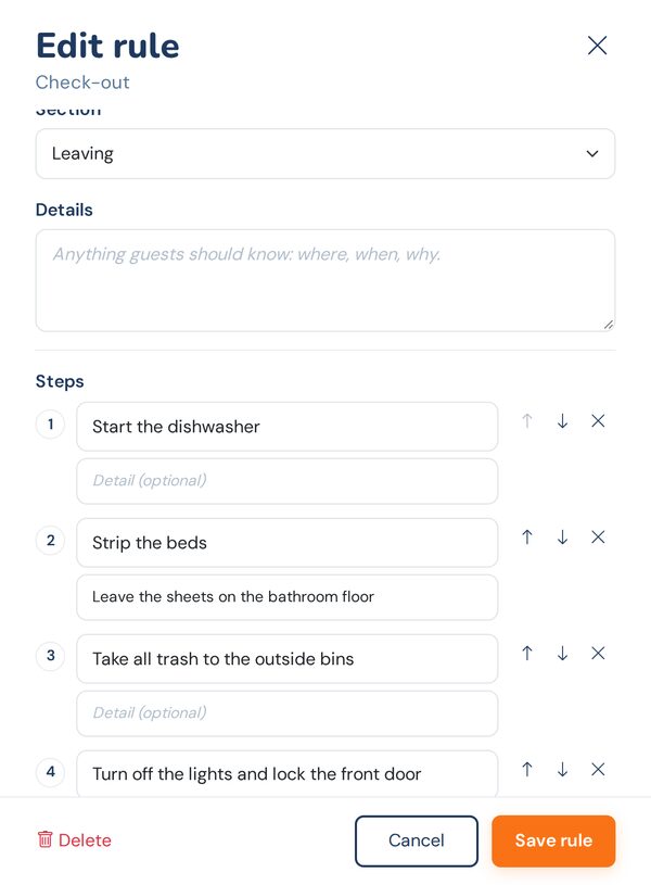 Editing the check-out list: numbered steps with an optional detail under each, and buttons to move a step up or down or remove it
