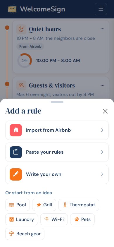 The Add a rule sheet on a phone with the three ways to add a rule and the idea chips