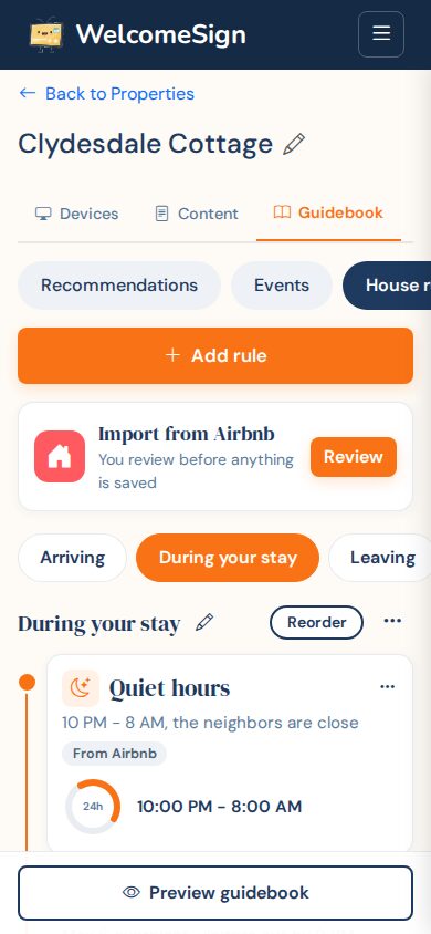The house rules editor on a phone, with section pills for Arriving, During your stay and Leaving and the Quiet hours card