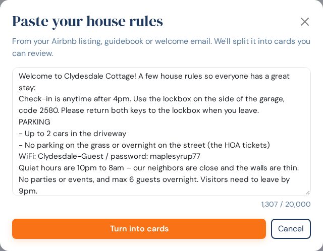 The Paste your house rules dialog with Clydesdale Cottage's rules pasted in and a 1,307 / 20,000 character counter