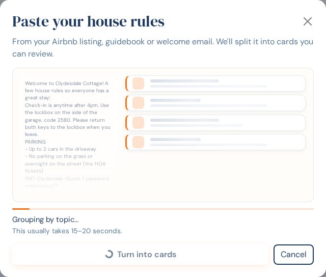 The paste dialog while it works, showing the pasted text beside placeholder cards and the status Grouping by topic