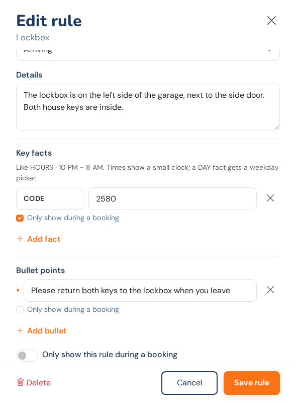 A Lockbox rule with a key fact labelled CODE, value 2580, and Only show during a booking ticked