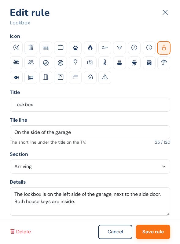 The Edit rule drawer for a Lockbox rule, showing the icon grid, Title, Tile line with a 25 / 120 counter, Section and Details