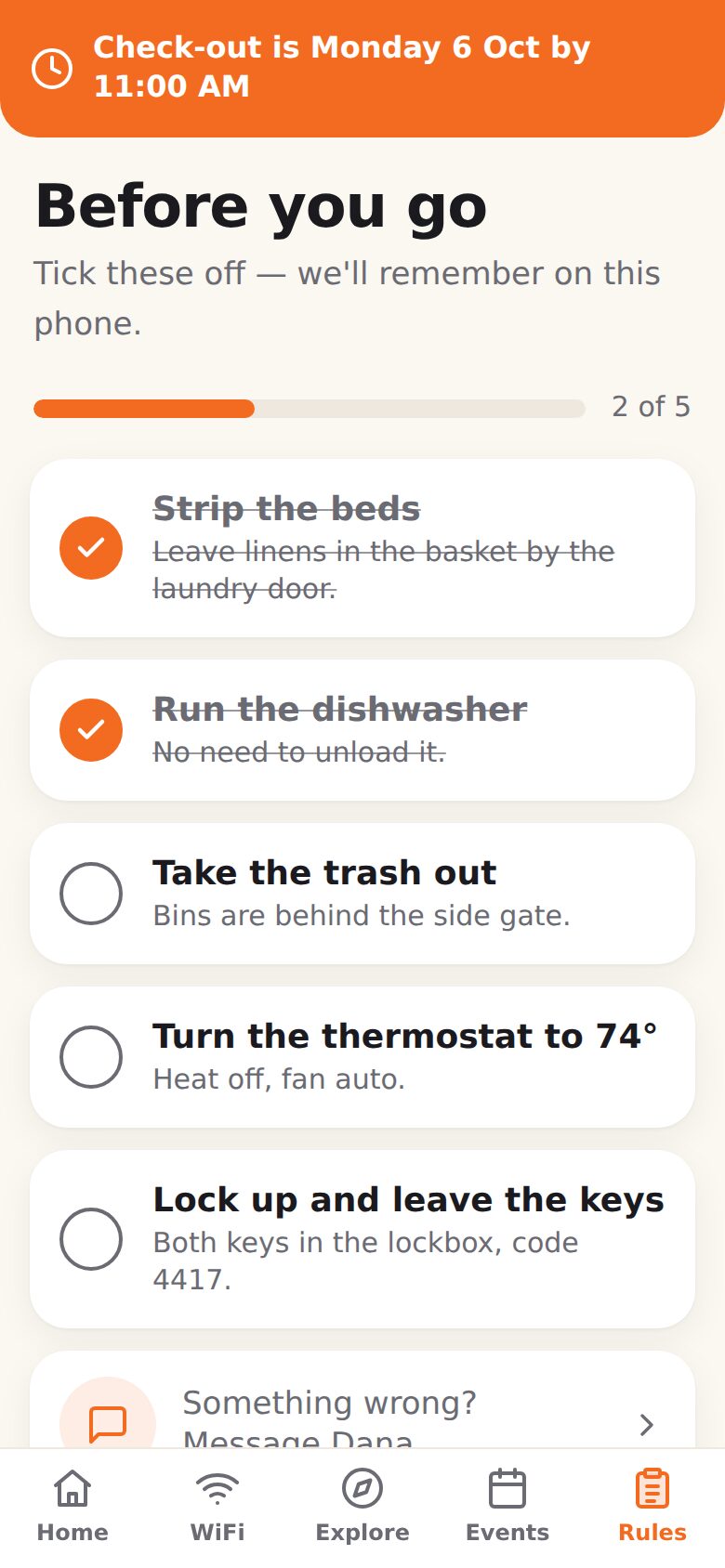 The check-out list on a phone, headed Before you go, with two of five steps ticked off and the check-out time at the top