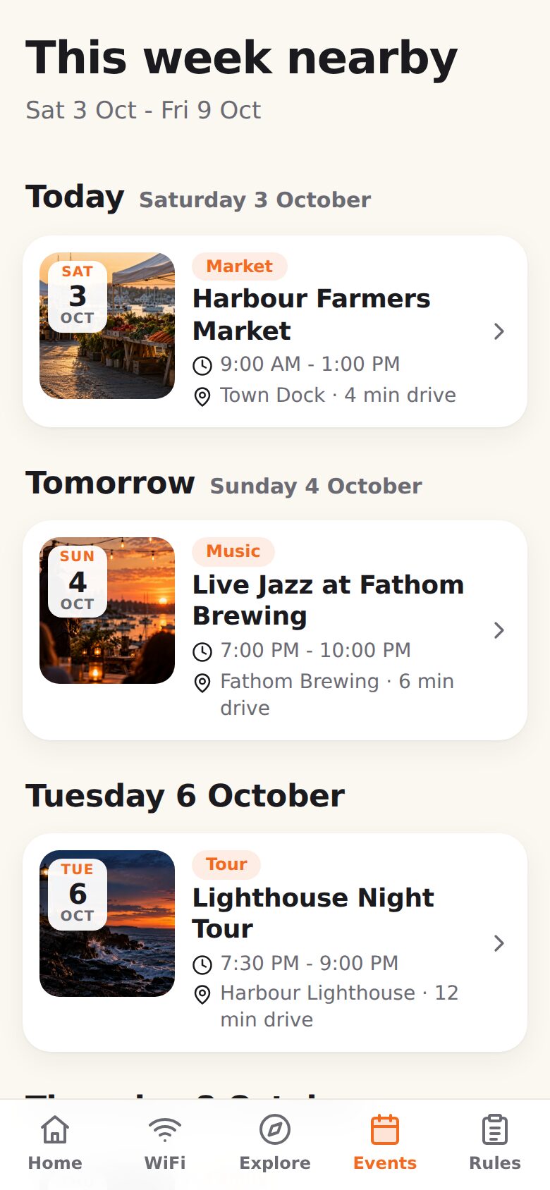 The Events screen on a phone: a farmers market today, live jazz tomorrow and a lighthouse tour later in the week