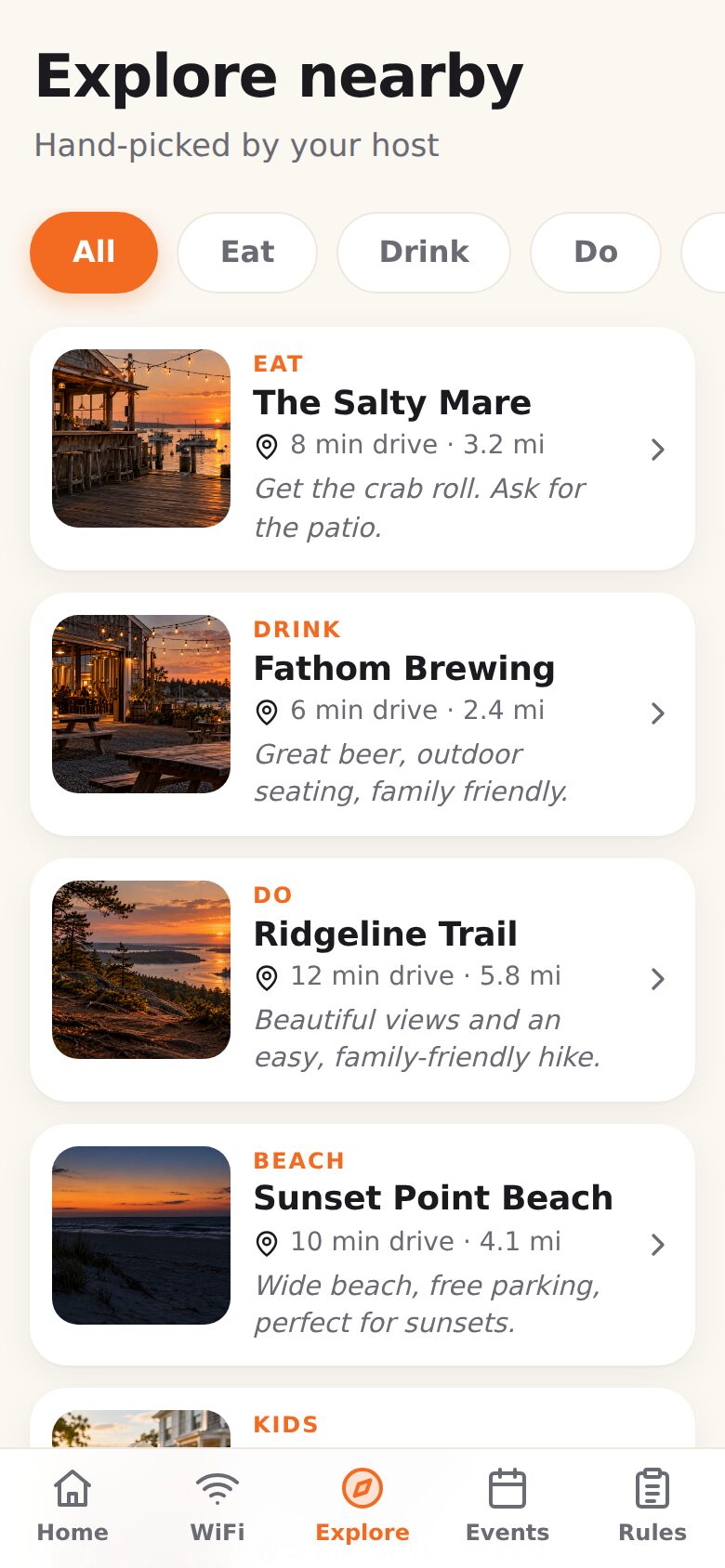 The Explore nearby screen listing The Salty Mare, Fathom Brewing, Ridgeline Trail and Sunset Point Beach with photos, drive times and the host's notes