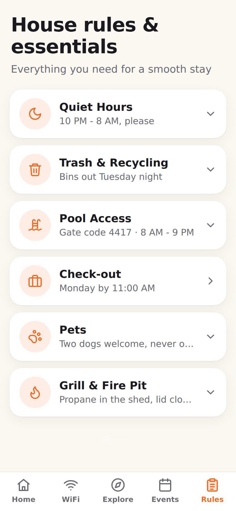 The House rules and essentials screen with rows for Quiet Hours, Trash and Recycling, Pool Access, Check-out, Pets and Grill and Fire Pit