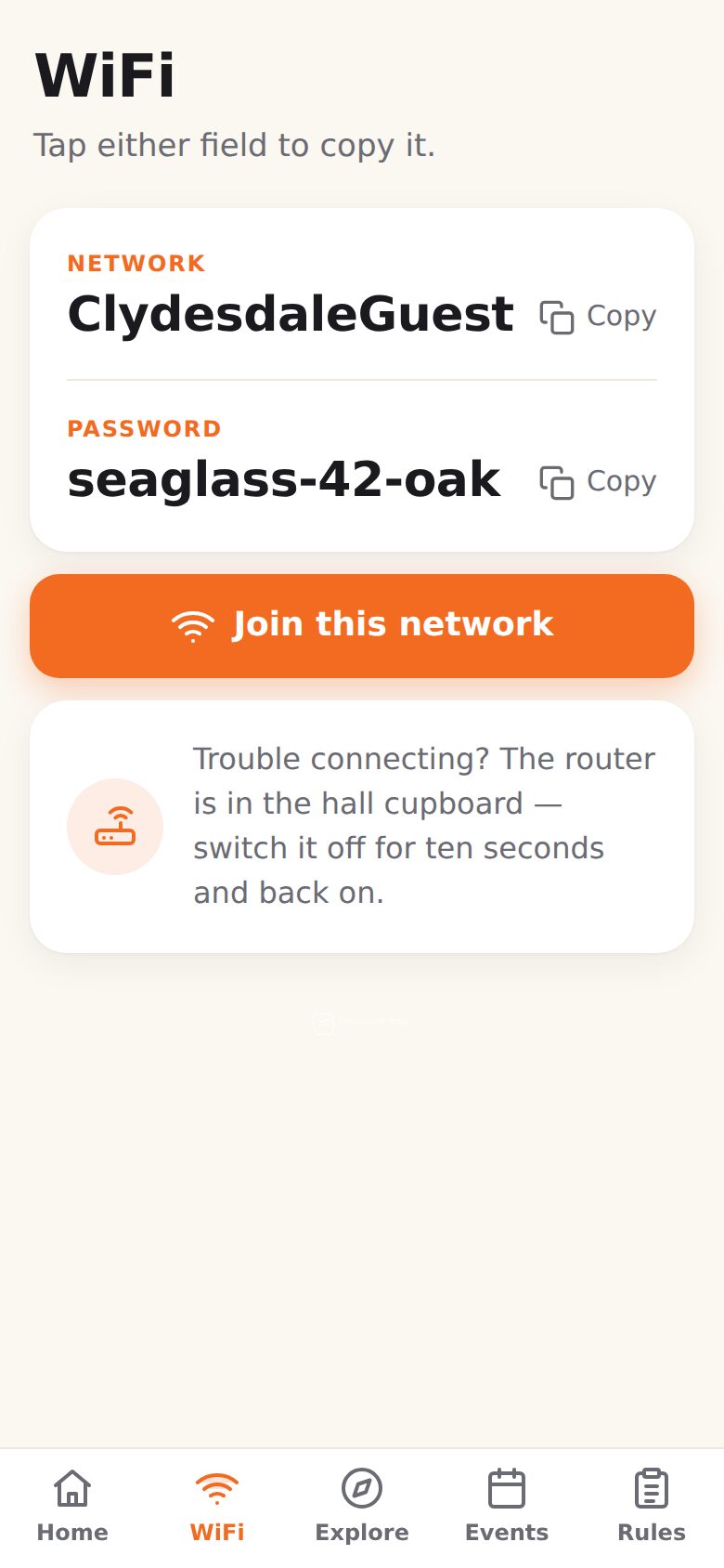 The WiFi screen with the network name and password, Copy buttons, a Join this network button and a note about where the router is