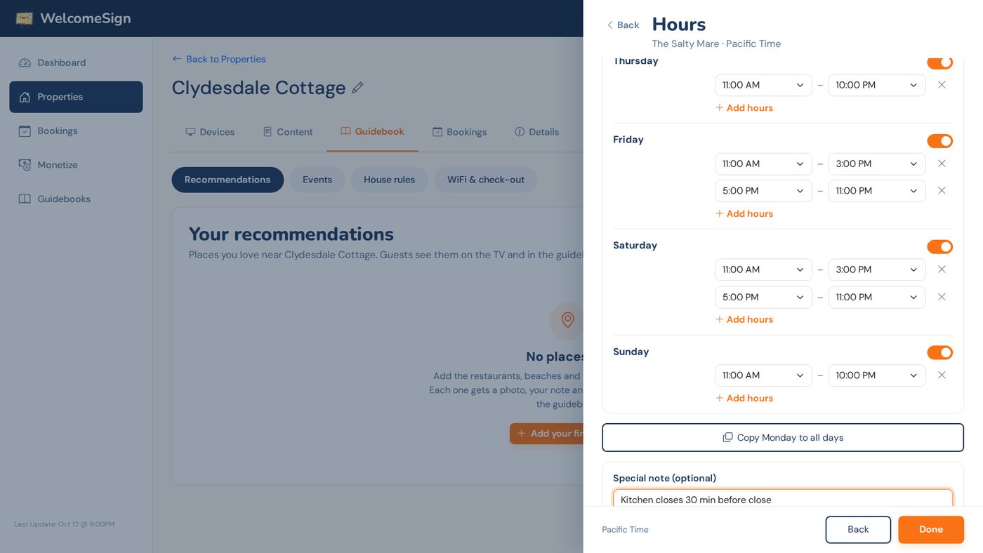 The Hours editor for The Salty Mare with a switch per day, split hours on Friday and Saturday, and a Copy Monday to all days button