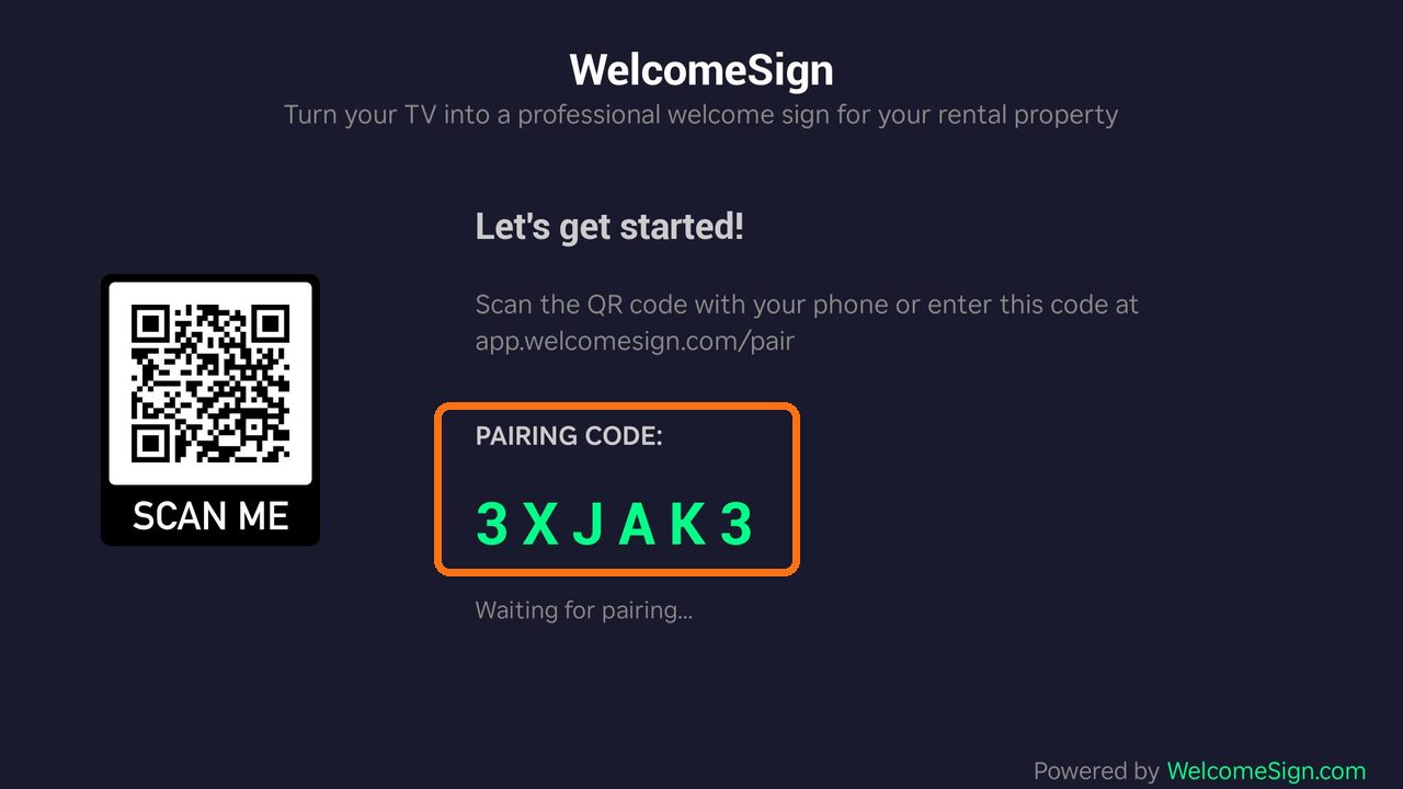 The WelcomeSign pairing screen on a Roku TV, with the pairing code circled