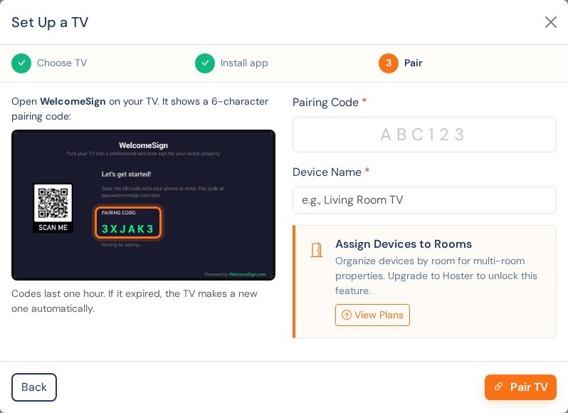 The WelcomeSign pairing step with fields for the pairing code and device name