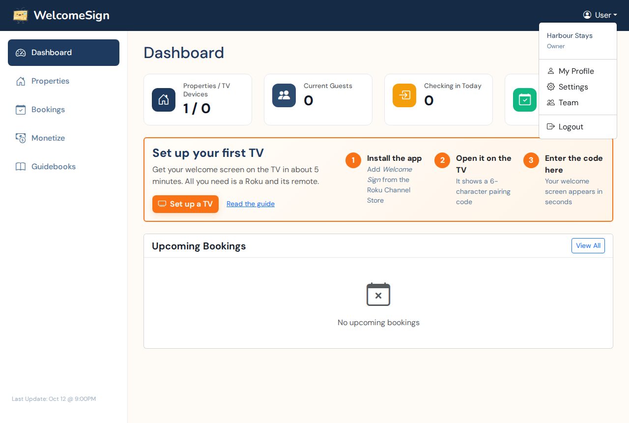 The account menu in the WelcomeSign dashboard showing the account name and role, My Profile, Settings, Team and Logout