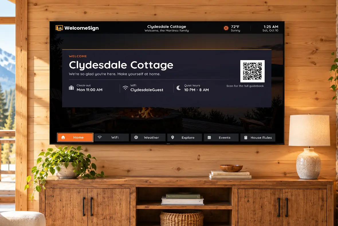 A rental living room TV showing the WelcomeSign screen that answers those questions: WiFi network, check-out time, quiet hours and a QR code for the full guidebook