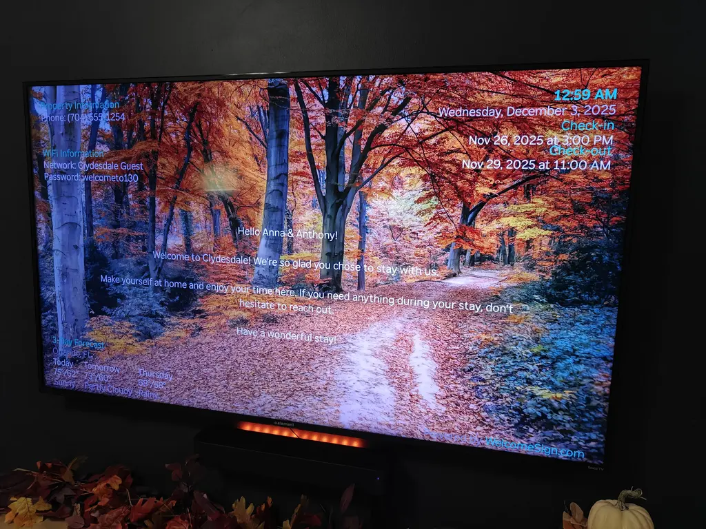 Airbnb welcome sign on Roku TV with personalized guest message and property information